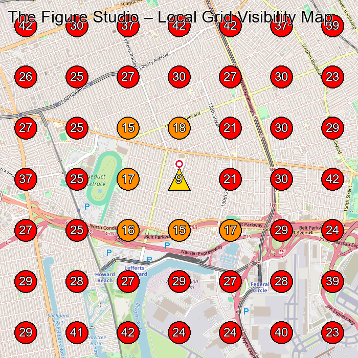 The Figure Studio GeoGrid visibility map for Dance School in Queens
